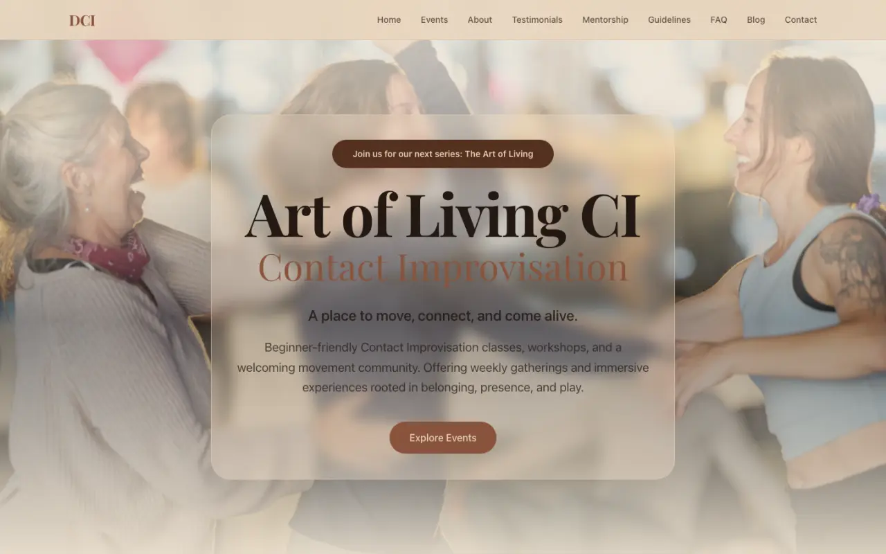 Art of Living CI homepage, the sister site, with two dancers laughing behind the title card