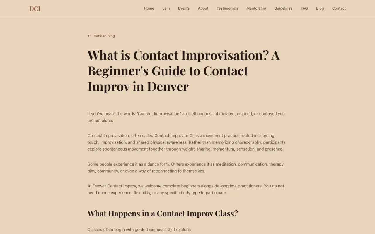 Blog article titled What is Contact Improvisation? A Beginner's Guide to Contact Improv in Denver