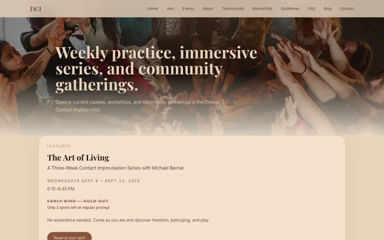 Events page with the featured Art of Living class series, its dates, times and pricing