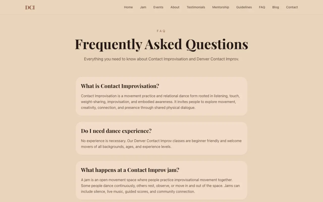 Frequently Asked Questions page with answers about Contact Improvisation and what happens at a jam