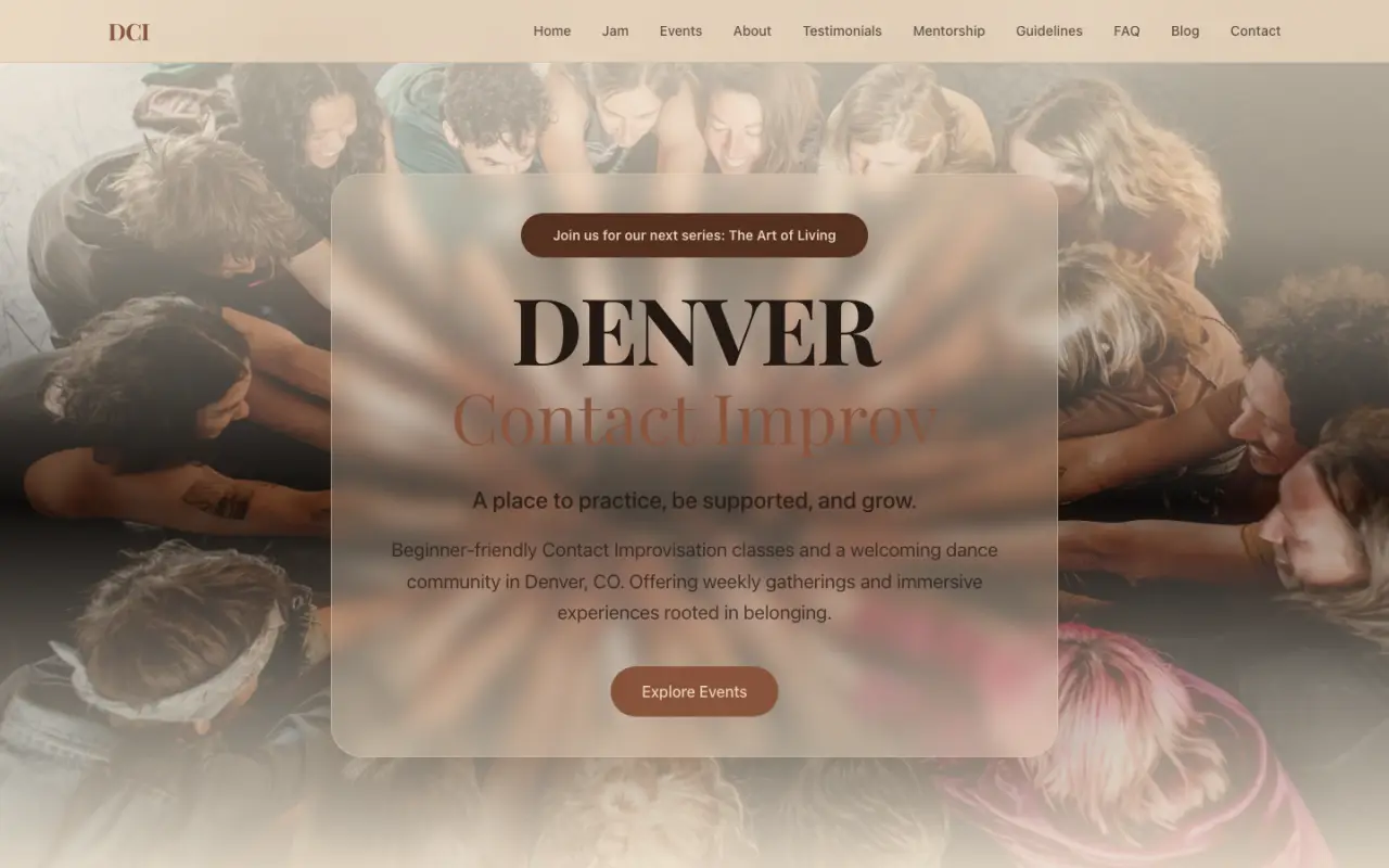 Denver Contact Improv homepage: a circle of dancers behind a frosted card reading Denver Contact Improv
