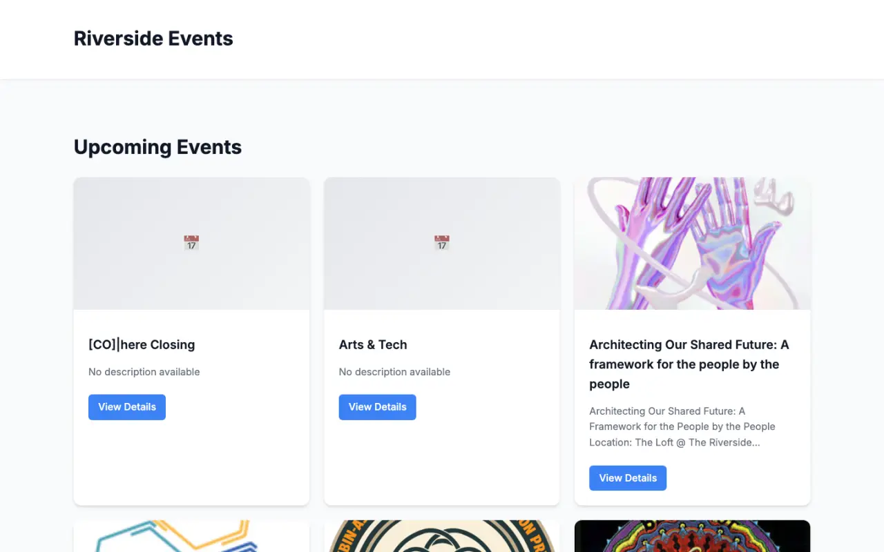Riverside Events page: a grid of upcoming event cards generated from the venue's Notion database
