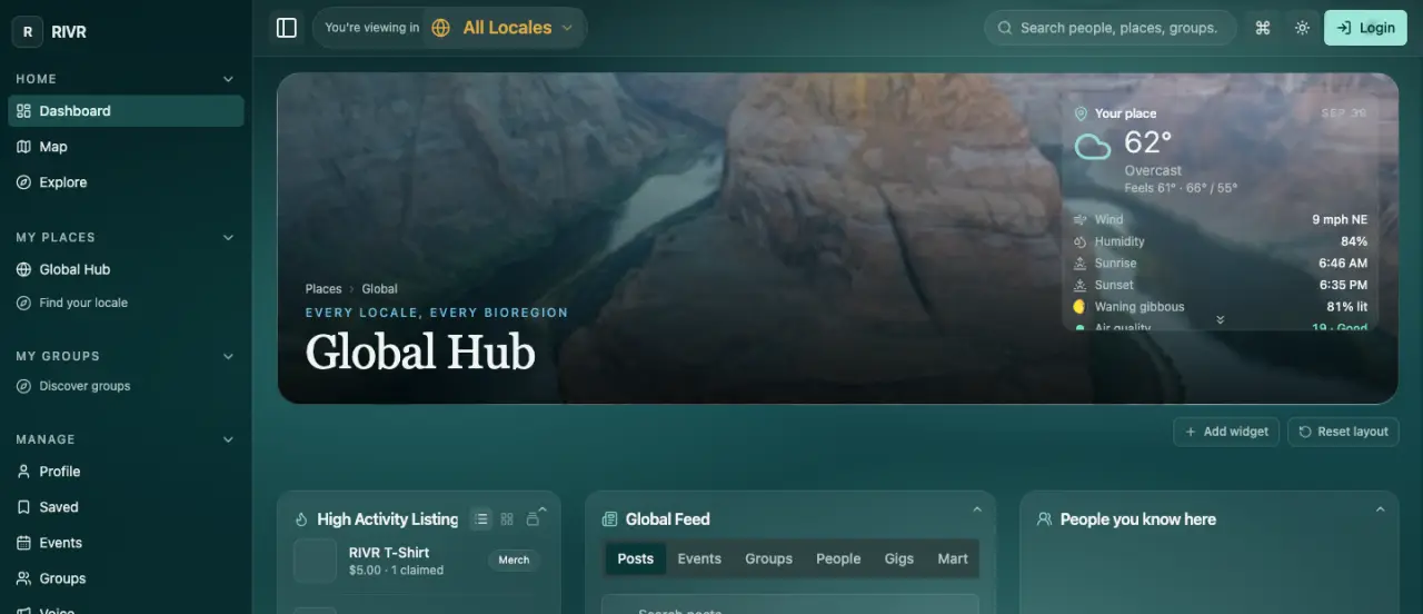 Rivr hub dashboard: a glass sidebar beside a Global Hub panel with weather, feed and listings widgets