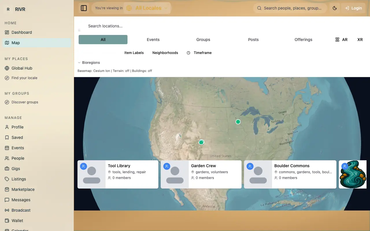 Rivr map view: a globe with group cards for a tool library, a garden crew and a commons