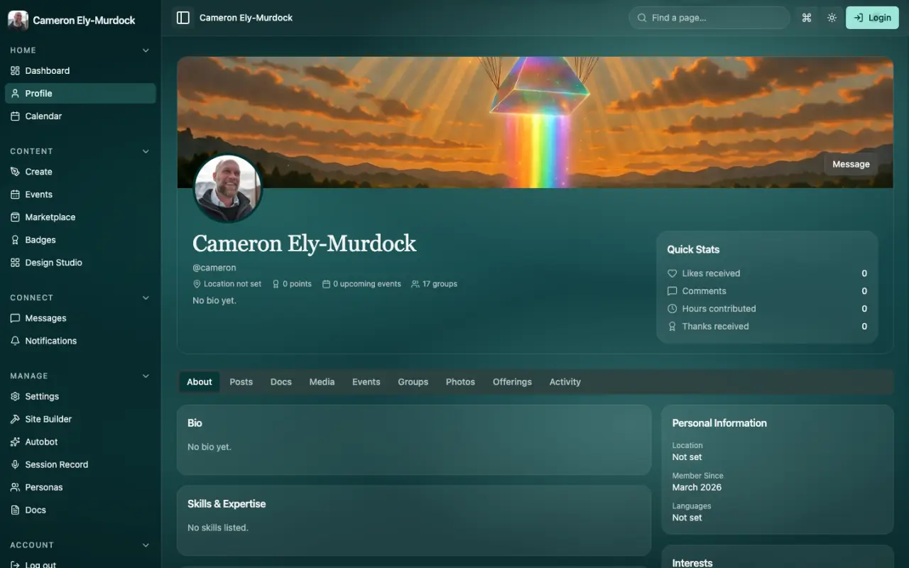 Cameron's profile on his own sovereign Rivr instance, with a cover image, stats and tabs for posts, events and offerings
