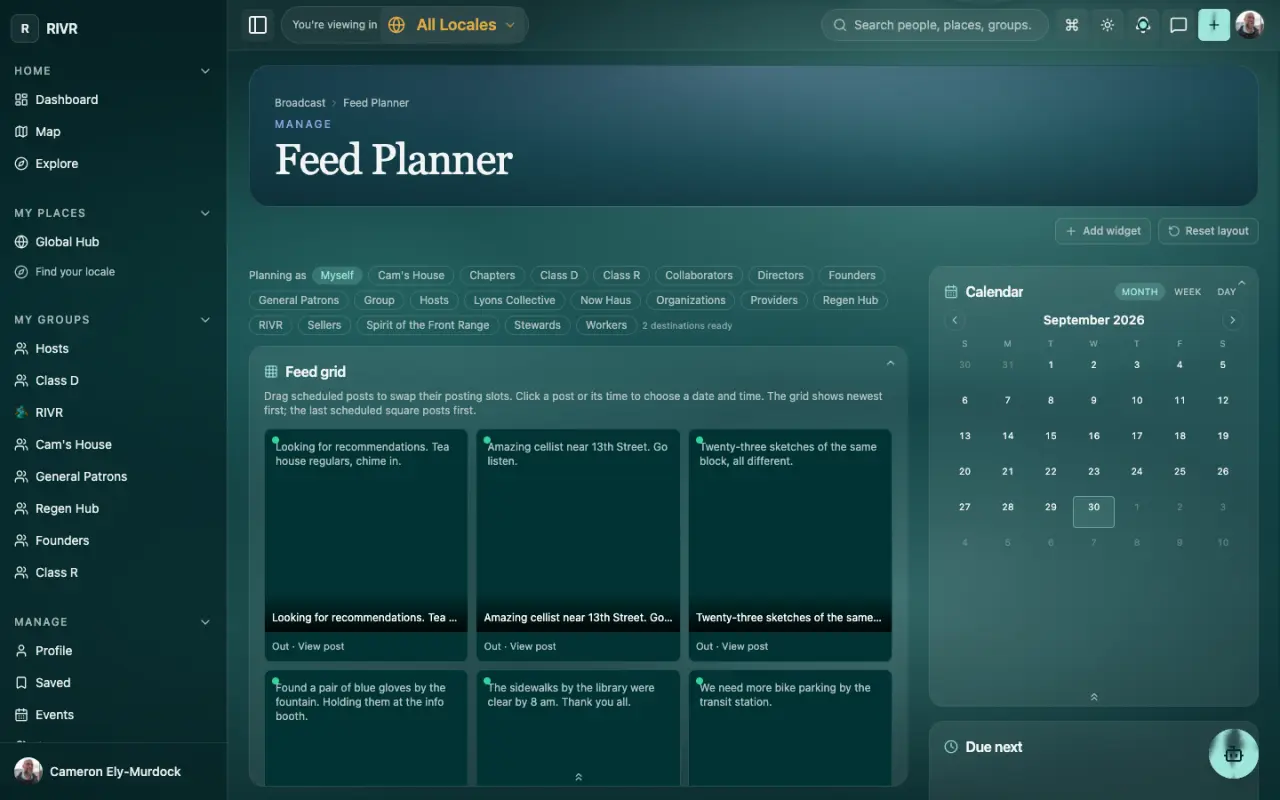The full feed planner page: who to plan as, the grid, calendar, reels and stories, and the compose form