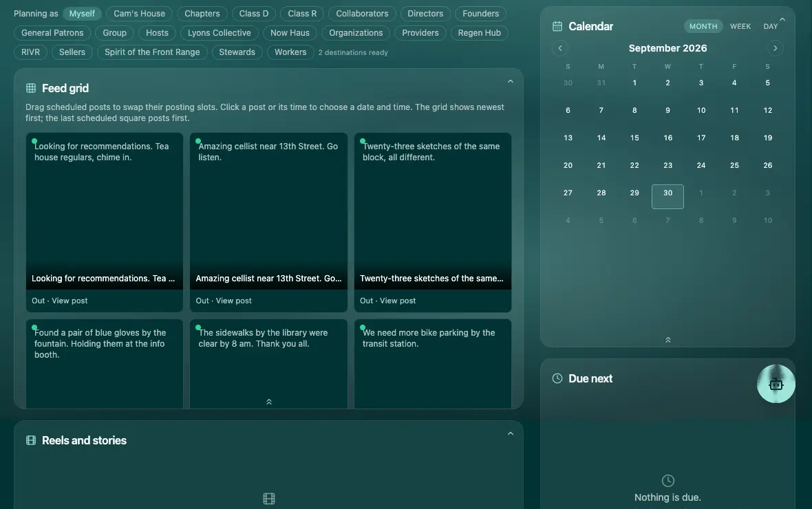 Rivr feed planner: scheduled posts laid out as profile squares beside a calendar