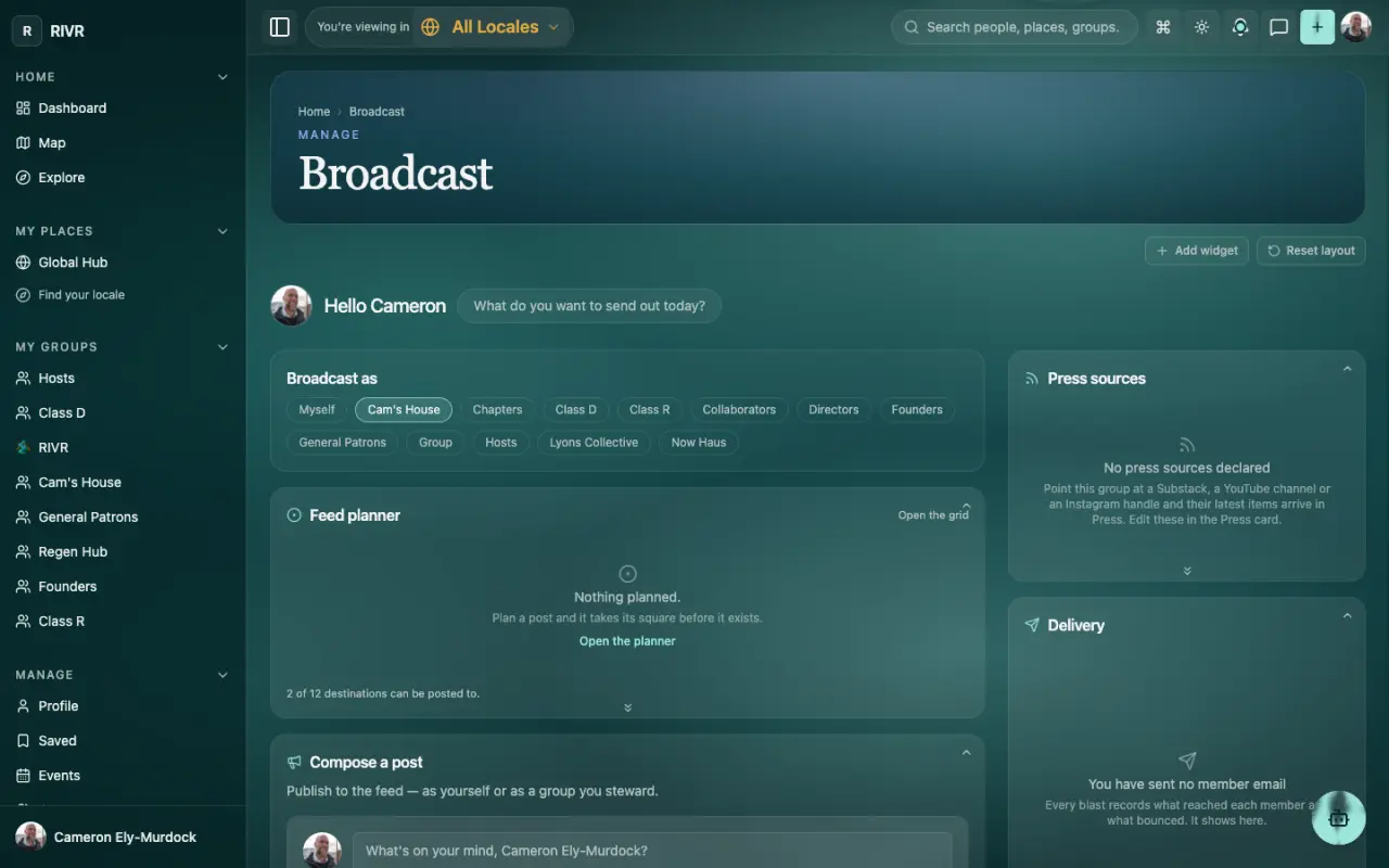 The Broadcast page: choose who to broadcast as, the feed planner summary, compose a post, press sources, newsletters and an email blast