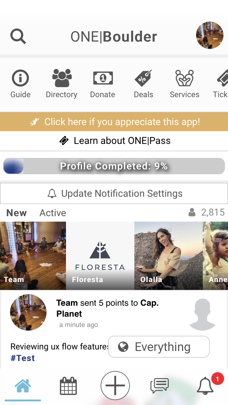 Archived OneBoulder mobile app screen showing its guide, directory, donations, deals, services and community feed