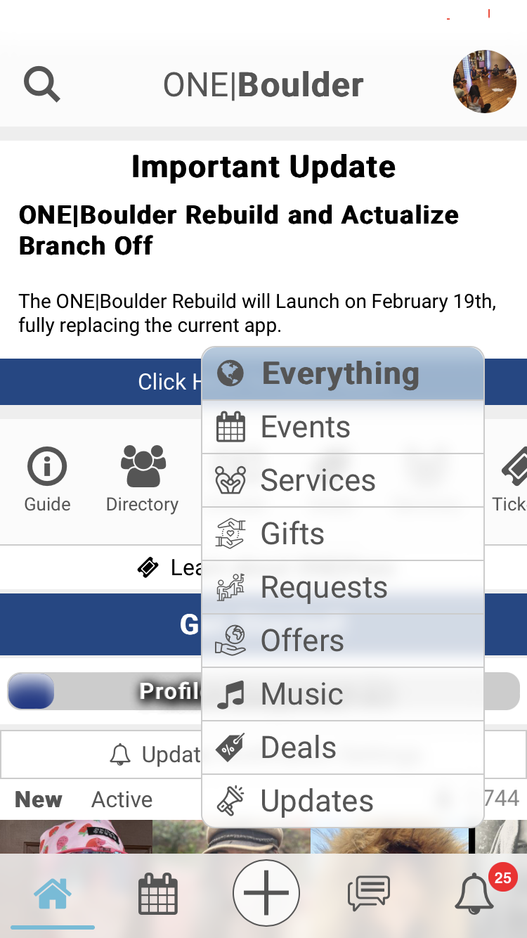 Archived OneBoulder discovery menu showing events, services, gifts, requests, offers, music, deals and updates