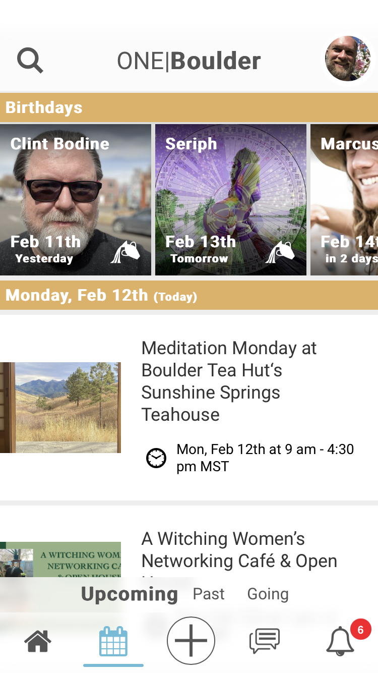 Archived OneBoulder events screen with community birthdays and a list of upcoming local events