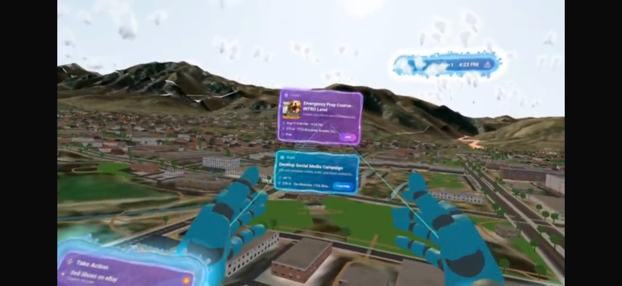 Two floating activity cards over the Boulder landscape in Rivr XR, viewed with virtual hands