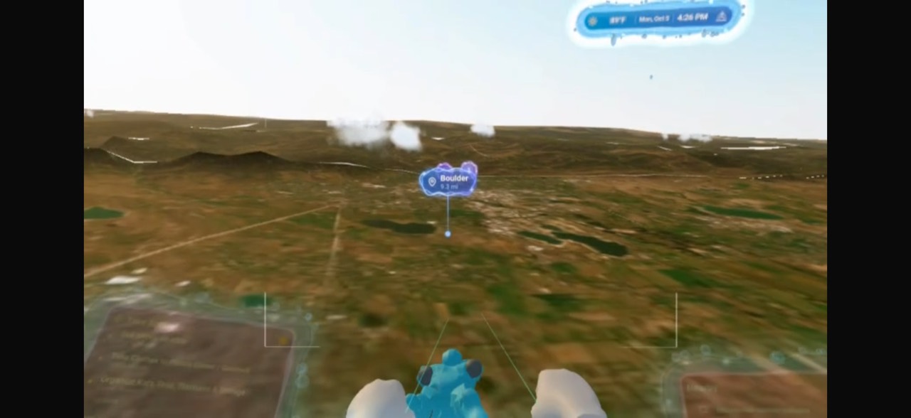 First-person XR view approaching a Boulder location marker over a terrain map