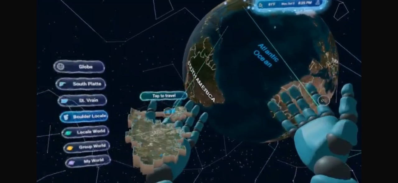 Rivr XR globe with spatial controls for moving between the globe, local worlds and group worlds