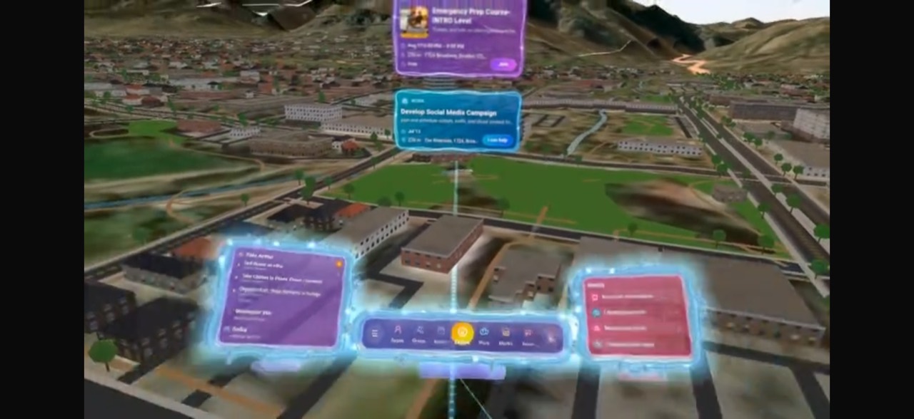 Rivr XR view over Boulder with floating local activity cards and a spatial toolbar