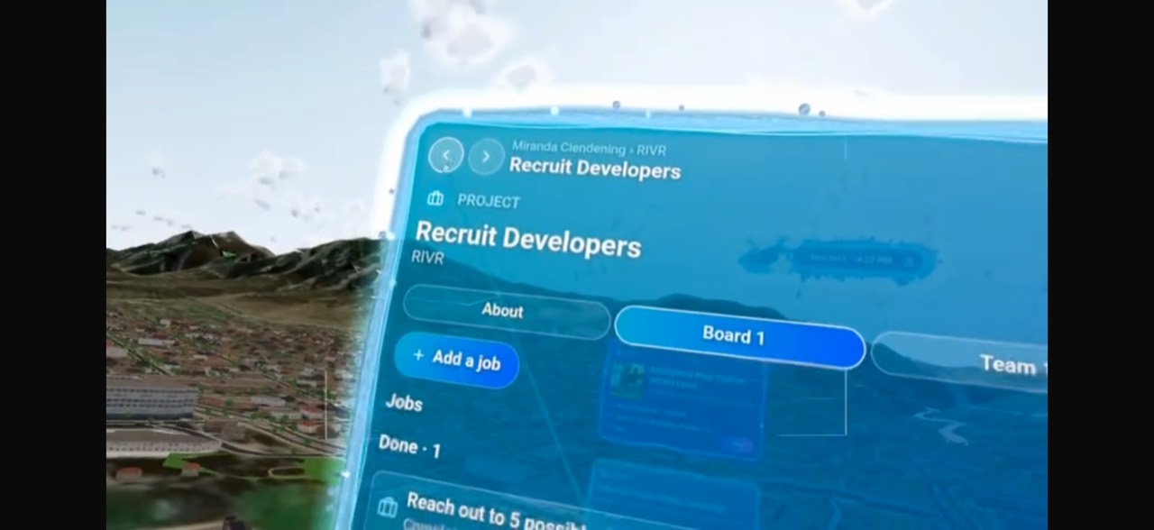 A translucent Recruit Developers project board floating over the Rivr XR landscape