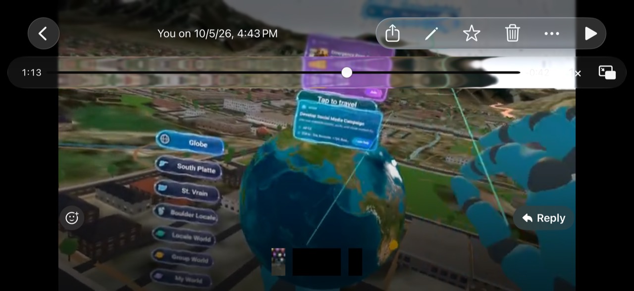 Recorded Rivr XR view showing world-layer choices beside a globe and floating local activity cards